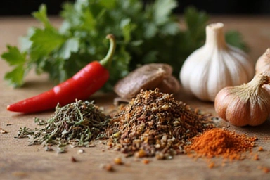 Asztalon elhelyezett fűszerek és gyógynövények, mint például rozmaring, kakukkfű, chili és fokhagyma, egészséges főzéshez.