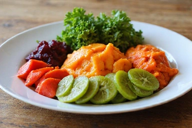 Tányér tele színes, friss zöldségekkel és gyümölcsökkel, mint egy egészséges reggeli vagy ebéd.