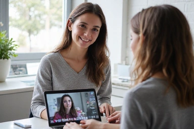Virtuális konzultációt szimbolizáló kép, ahol egy dietetikus online beszélget egy klienssel a laptop képernyőjén keresztül.