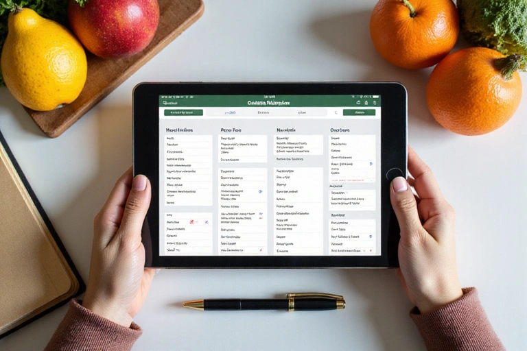 Egy digitális táblagép, amelyen táplálkozási tervek láthatók, körülötte toll, jegyzetfüzet és friss gyümölcsök.